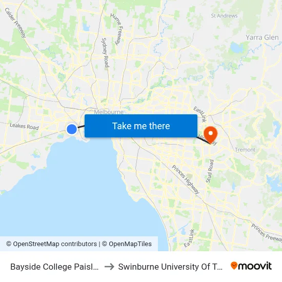 Bayside College Paisley Campus/Blenheim Rd to Swinburne University Of Technology - Wantirna Campus map