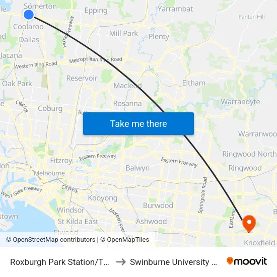 Roxburgh Park Station/Thomas Brunton Pde to Swinburne University Of Technology - Wantirna Campus map