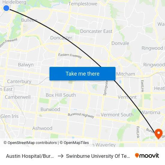 Austin Hospital/Burgundy St to Swinburne University Of Technology - Wantirna Campus map