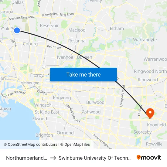 Northumberland Rd/Pascoe St to Swinburne University Of Technology - Wantirna Campus map