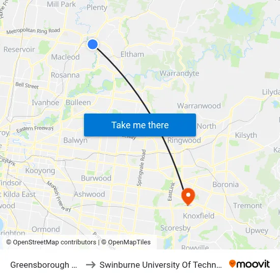 Greensborough Station/Main St to Swinburne University Of Technology - Wantirna Campus map