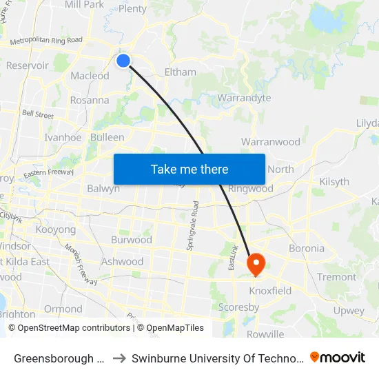 Greensborough Plaza/Main St to Swinburne University Of Technology - Wantirna Campus map
