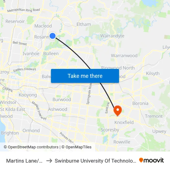 Martins Lane/Winston Rd to Swinburne University Of Technology - Wantirna Campus map