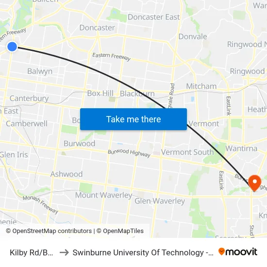 Kilby Rd/Burke Rd to Swinburne University Of Technology - Wantirna Campus map