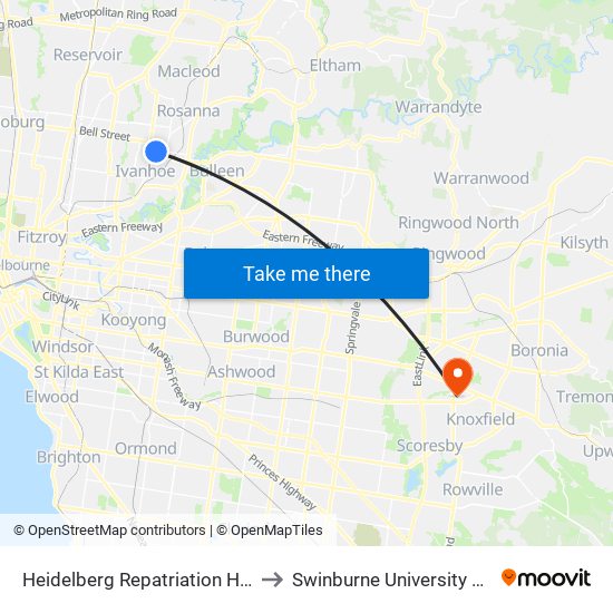 Heidelberg Repatriation Hospital/Edwin St (Heidelberg Heights) to Swinburne University Of Technology - Wantirna Campus map