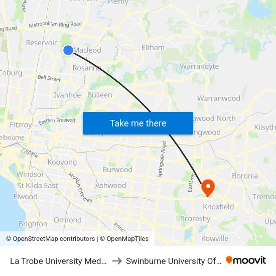 La Trobe University Medical Centre/Plenty Rd to Swinburne University Of Technology - Wantirna Campus map