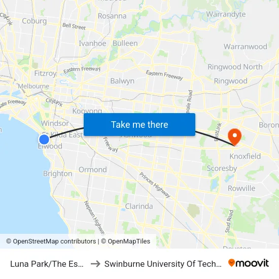 Luna Park/The Esplanade to Swinburne University Of Technology - Wantirna Campus map