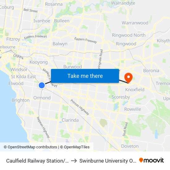 Caulfield Railway Station/Sir John Monash Dr (Caulfield East) to Swinburne University Of Technology - Wantirna Campus map