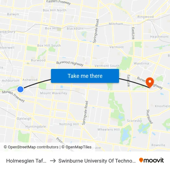Holmesglen Tafe/Warrigal Rd to Swinburne University Of Technology - Wantirna Campus map