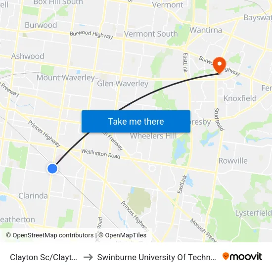 Clayton Sc/Clayton Rd to Swinburne University Of Technology - Wantirna Campus map