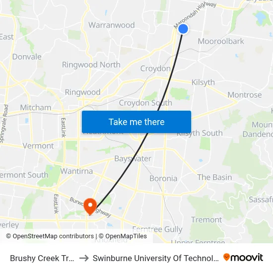 Brushy Creek Trail/Bellara Dr to Swinburne University Of Technology - Wantirna Campus map