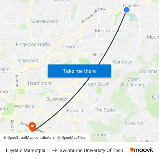 Lilydale Marketplace/Hutchinson St to Swinburne University Of Technology - Wantirna Campus map