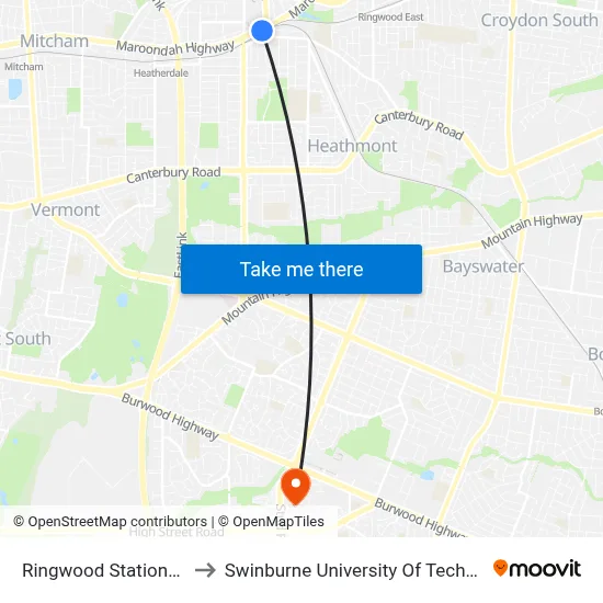 Ringwood Station/Maroondah Hwy to Swinburne University Of Technology - Wantirna Campus map