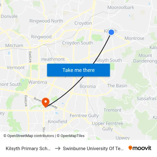 Kilsyth Primary School/Mt Dandenong Rd to Swinburne University Of Technology - Wantirna Campus map