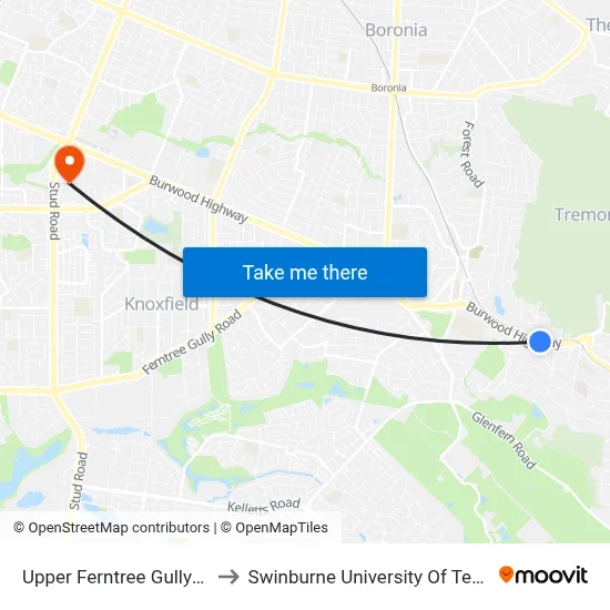 Upper Ferntree Gully Station/Burwood Hwy to Swinburne University Of Technology - Wantirna Campus map