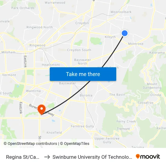 Regina St/Cambridge Rd to Swinburne University Of Technology - Wantirna Campus map