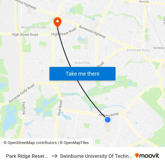 Park Ridge Reserve/Dandelion Dr to Swinburne University Of Technology - Wantirna Campus map