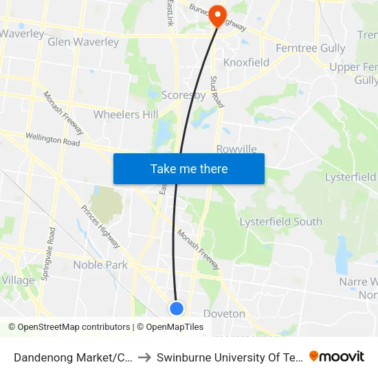 Dandenong Market/Cleeland St to Swinburne University Of Technology - Wantirna Campus map
