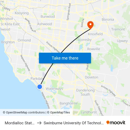 Mordialloc Station/Albert St to Swinburne University Of Technology - Wantirna Campus map