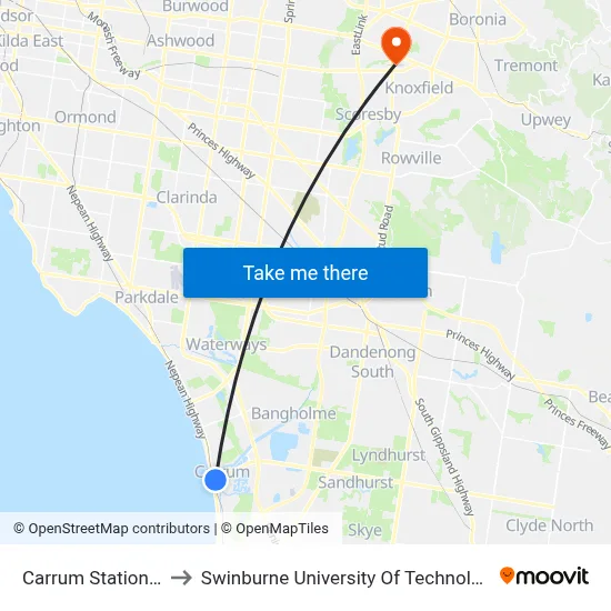 Carrum Station/Mcleod Rd to Swinburne University Of Technology - Wantirna Campus map