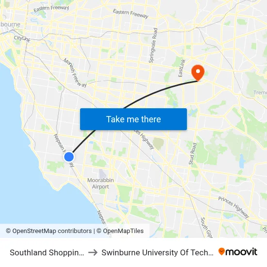 Southland Shopping Centre/Karen St to Swinburne University Of Technology - Wantirna Campus map