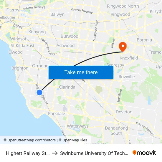 Highett Railway Station/Highett Rd to Swinburne University Of Technology - Wantirna Campus map