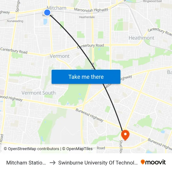 Mitcham Station/Calcutta St to Swinburne University Of Technology - Wantirna Campus map