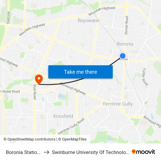 Boronia Station/Erica Ave to Swinburne University Of Technology - Wantirna Campus map
