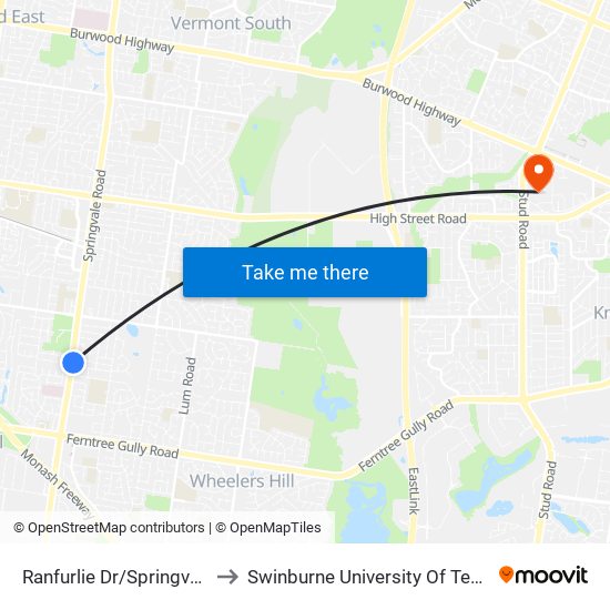 Ranfurlie Dr/Springvale Rd (Glen Waverley) to Swinburne University Of Technology - Wantirna Campus map