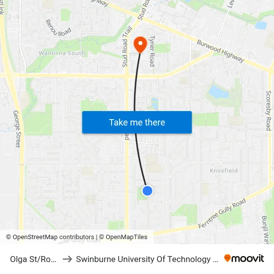 Olga St/Rosehill St to Swinburne University Of Technology - Wantirna Campus map