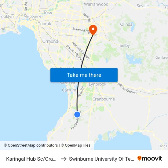 Karingal Hub Sc/Cranbourne Rd to Swinburne University Of Technology - Wantirna Campus map