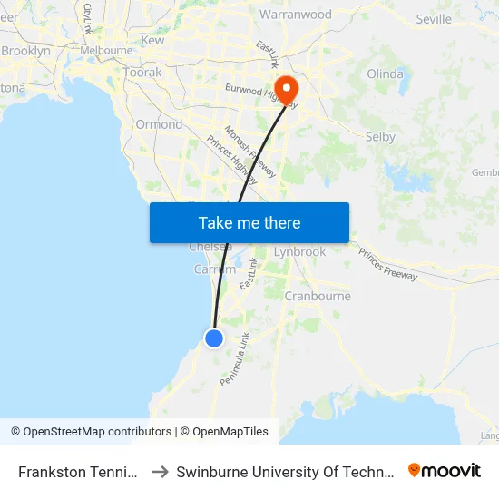 Frankston Tennis Club/Yuille St to Swinburne University Of Technology - Wantirna Campus map