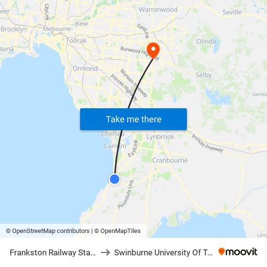 Frankston Railway Station/Young St (Frankston) to Swinburne University Of Technology - Wantirna Campus map