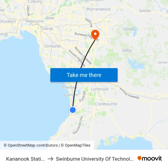 Kananook Station/Wells Rd to Swinburne University Of Technology - Wantirna Campus map