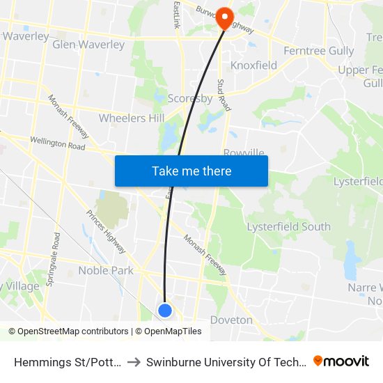 Hemmings St/Potter St (Dandenong) to Swinburne University Of Technology - Wantirna Campus map