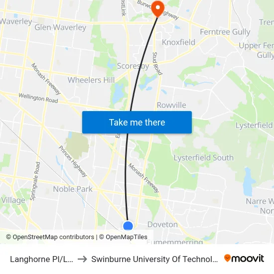 Langhorne Pl/Langhorne St to Swinburne University Of Technology - Wantirna Campus map