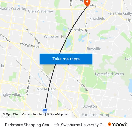 Parkmore Shopping Centre/Kingsclere Ave (Keysborough) to Swinburne University Of Technology - Wantirna Campus map