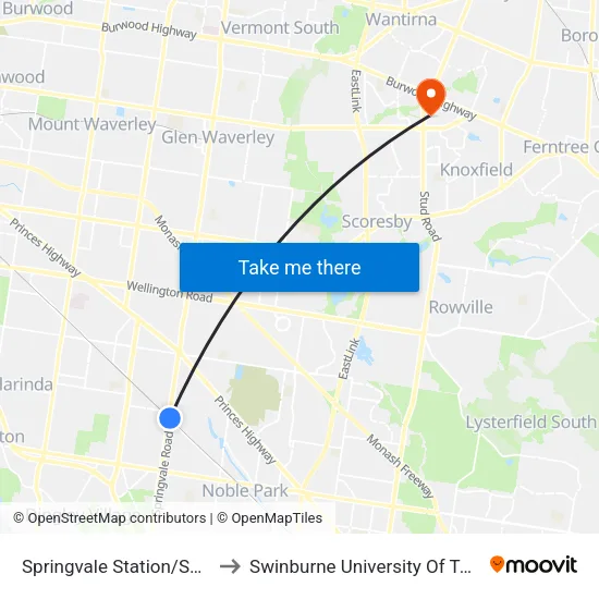 Springvale Station/Springvale Rd to Swinburne University Of Technology - Wantirna Campus map