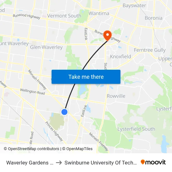 Waverley Gardens Sc/Hansworth St to Swinburne University Of Technology - Wantirna Campus map