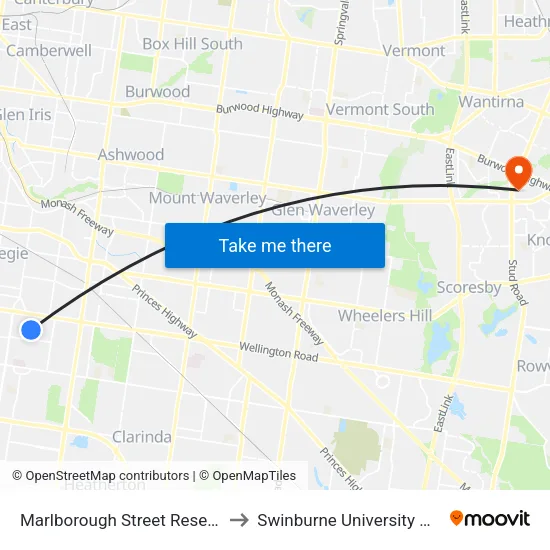 Marlborough Street Reserve/Marlborough St to Swinburne University Of Technology - Wantirna Campus map