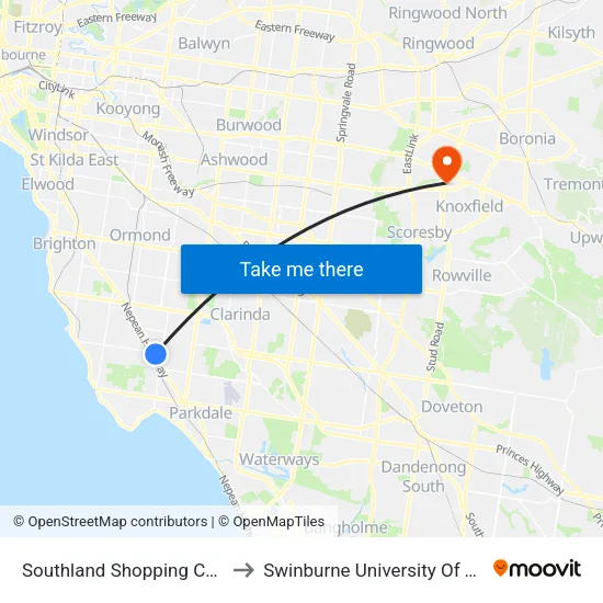 Southland Shopping Centre/Karen St to Swinburne University Of Technology - Wantirna Campus map