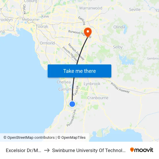 Excelsior Dr/Monterey Bvd to Swinburne University Of Technology - Wantirna Campus map