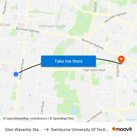 Glen Waverley Station/Railway Pde to Swinburne University Of Technology - Wantirna Campus map