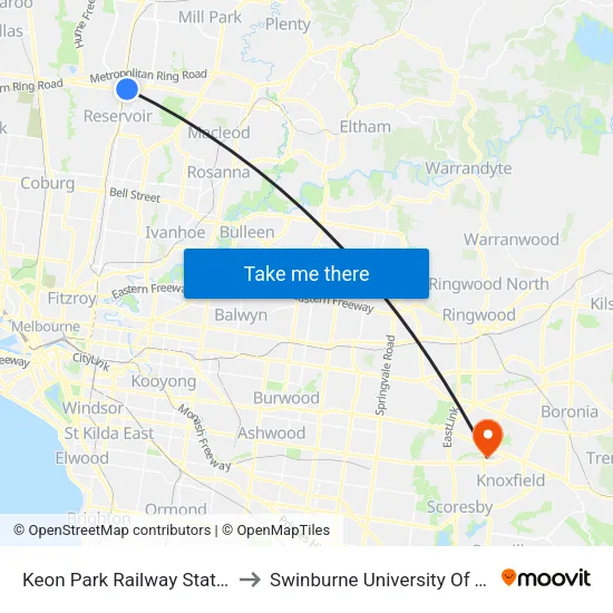 Keon Park Station/Keon Pde to Swinburne University Of Technology - Wantirna Campus map