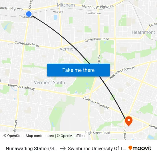 Nunawading Station/Springvale Rd to Swinburne University Of Technology - Wantirna Campus map