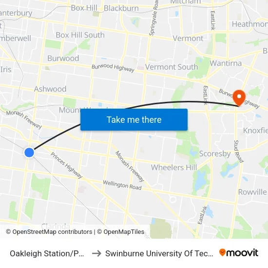 Oakleigh Station/Portman St to Swinburne University Of Technology - Wantirna Campus map