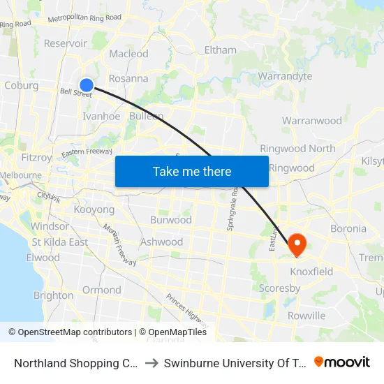 Northland Shopping Centre/Murray Rd to Swinburne University Of Technology - Wantirna Campus map