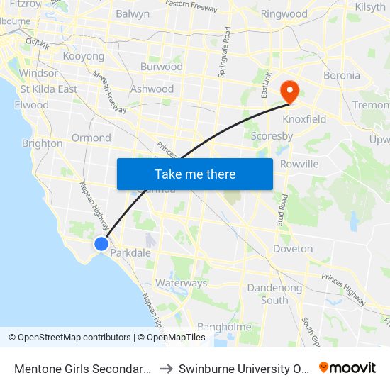 Mentone Girls Secondary College/Charman Rd (Mentone) to Swinburne University Of Technology - Wantirna Campus map