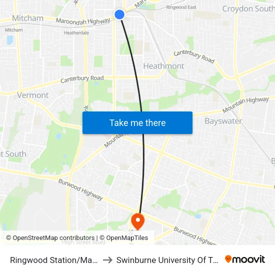 Ringwood Station/Maroondah Hwy to Swinburne University Of Technology - Wantirna Campus map