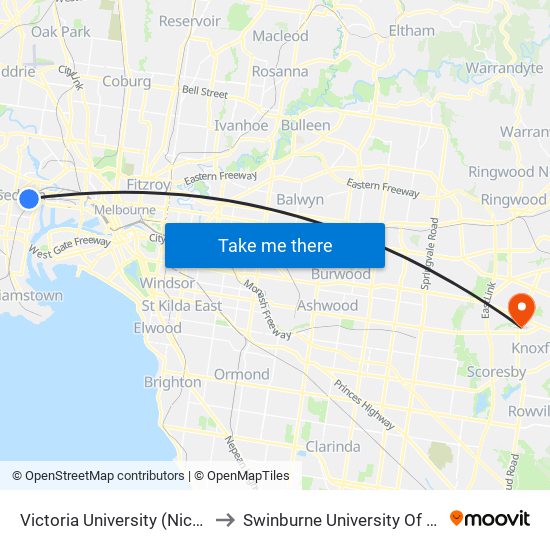 Victoria University (Nicholson)/Albert St (Footscray) to Swinburne University Of Technology - Wantirna Campus map